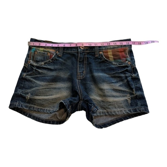 DINKY Denim Shorts With Plaid And Distressing Dark Wash  - Size Medium - Picture 8 of 12